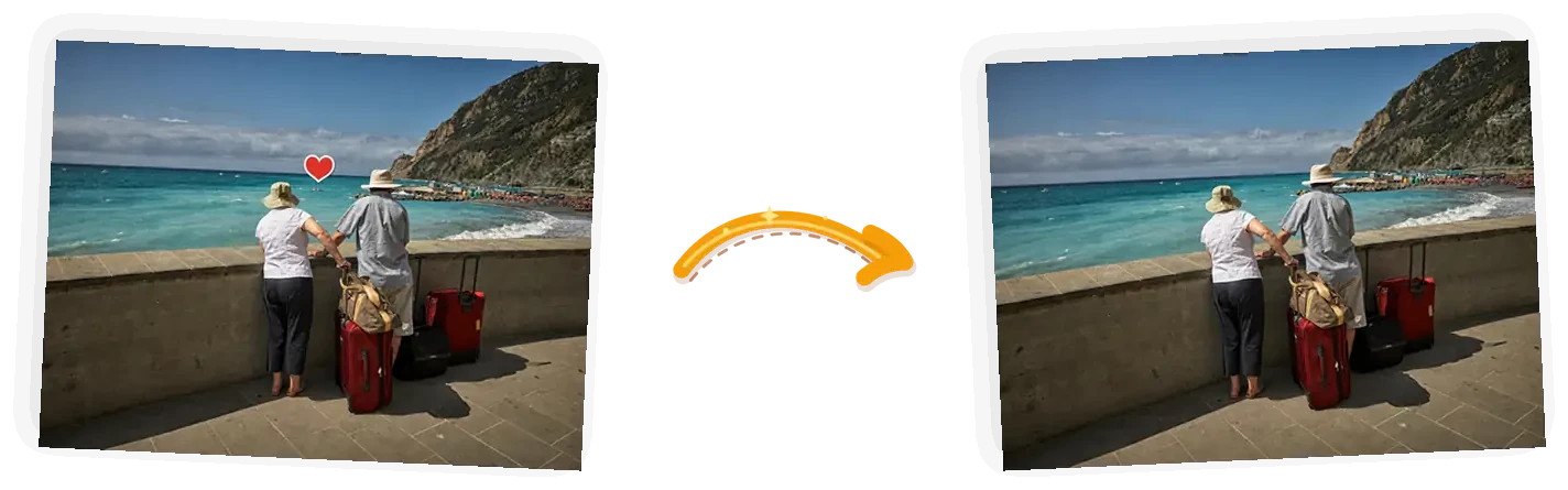 The sticker edit: the same travel couple at the seawall with the heart sticker gone from the water, the sea surface rebuilt between them.