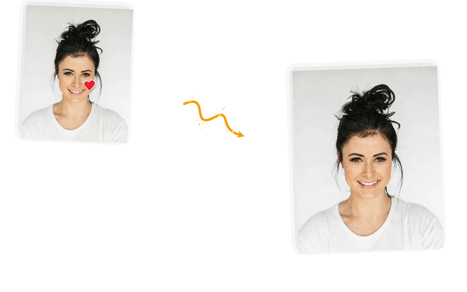 Before and after: the heart sticker removed from her cheek while her face, hair, and white shirt stay as they were.