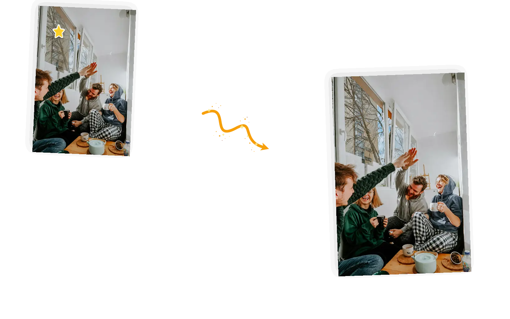 Before and after: the star sticker lifted off the window with all four friends, their mugs, and the room unchanged.