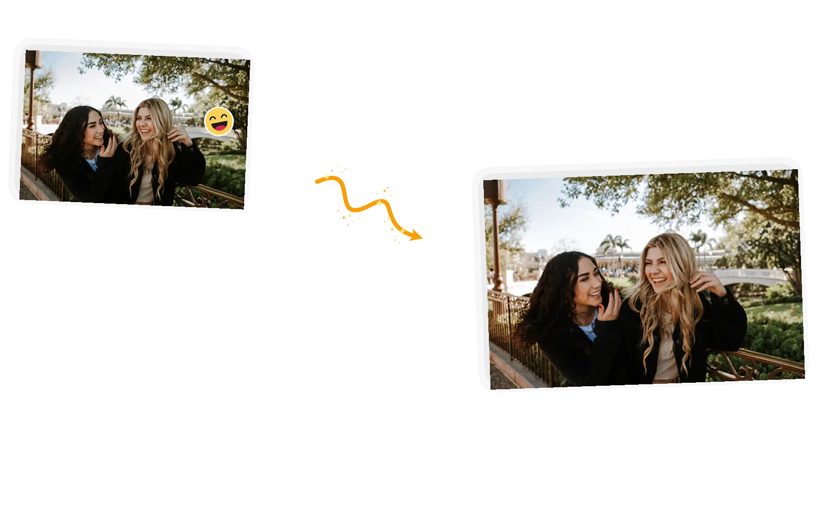 Before and after: the laughing emoji sticker removed from the greenery, with leaves and branches rebuilt across the patch.