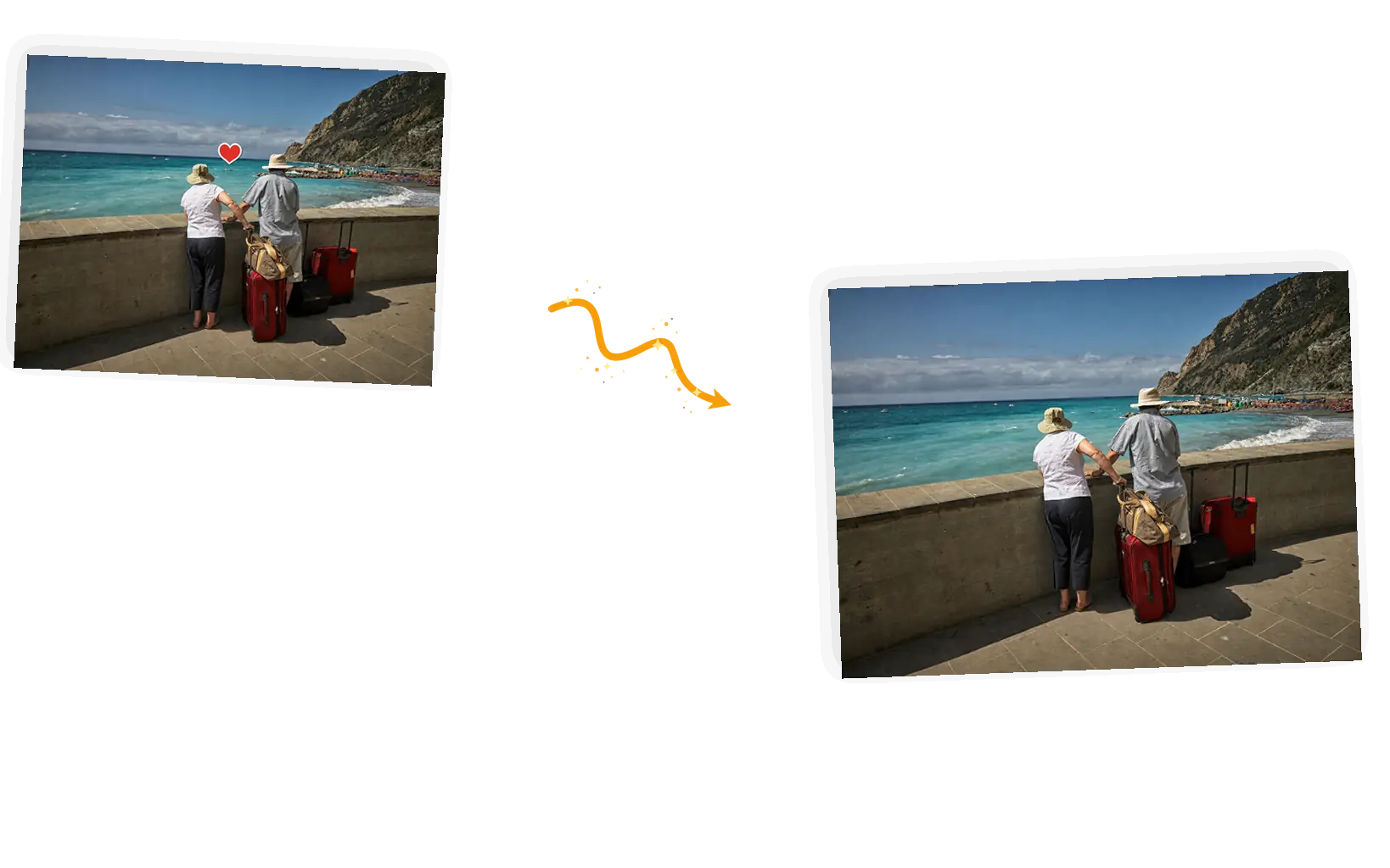 Before and after: the heart sticker taken off the sea surface with the water texture rebuilt to match the surrounding waves.
