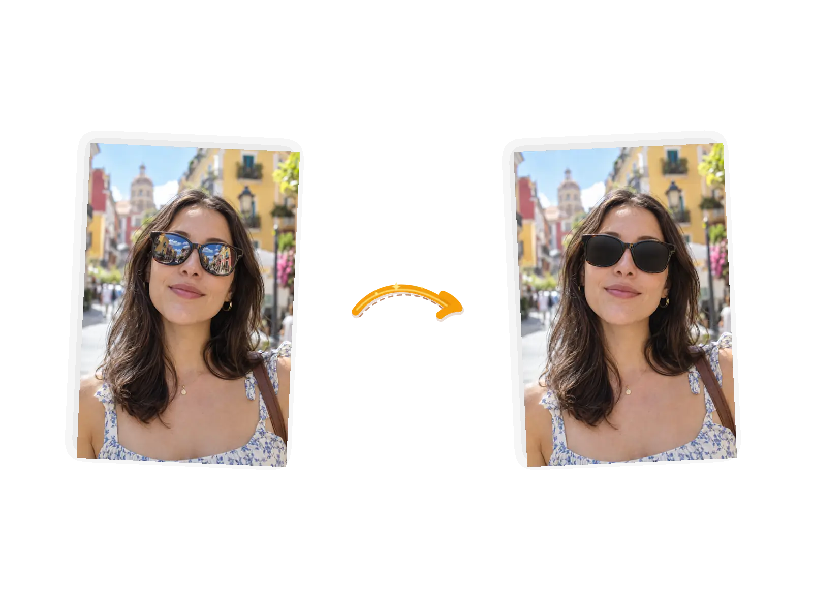 The glare edit: the same woman on the sunny street with the sky reflections lifted out of her sunglasses, the lenses reading evenly dark.