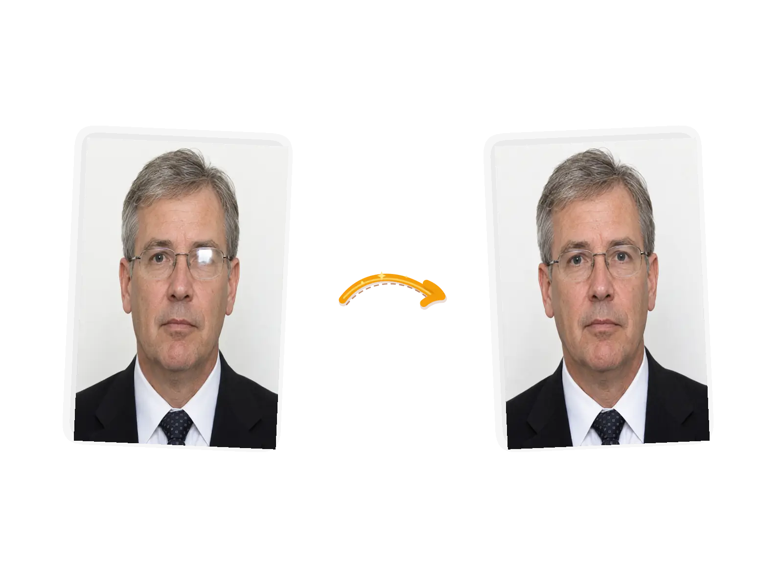 The glare edit: the same ID-style headshot with the lens glare gone, both eyes visible, the neutral expression and plain background unchanged.