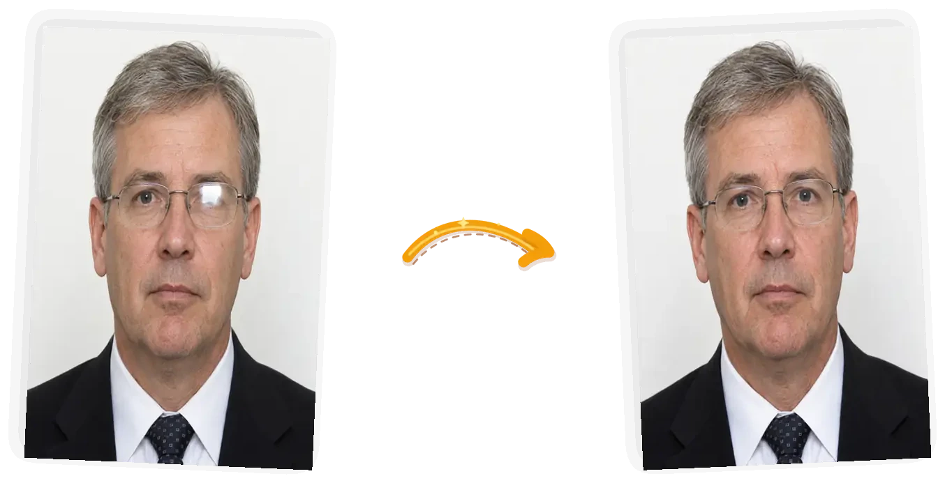 The glare edit: the same ID-style headshot with the lens glare gone, both eyes visible, the neutral expression and plain background unchanged.