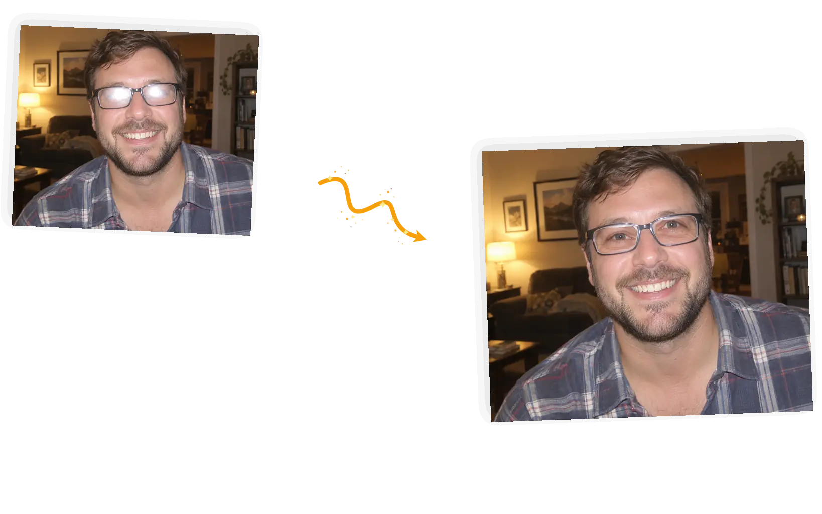 Before and after: the flash hotspot removed from his left lens while his face, frames, and the room lighting elsewhere stay identical.
