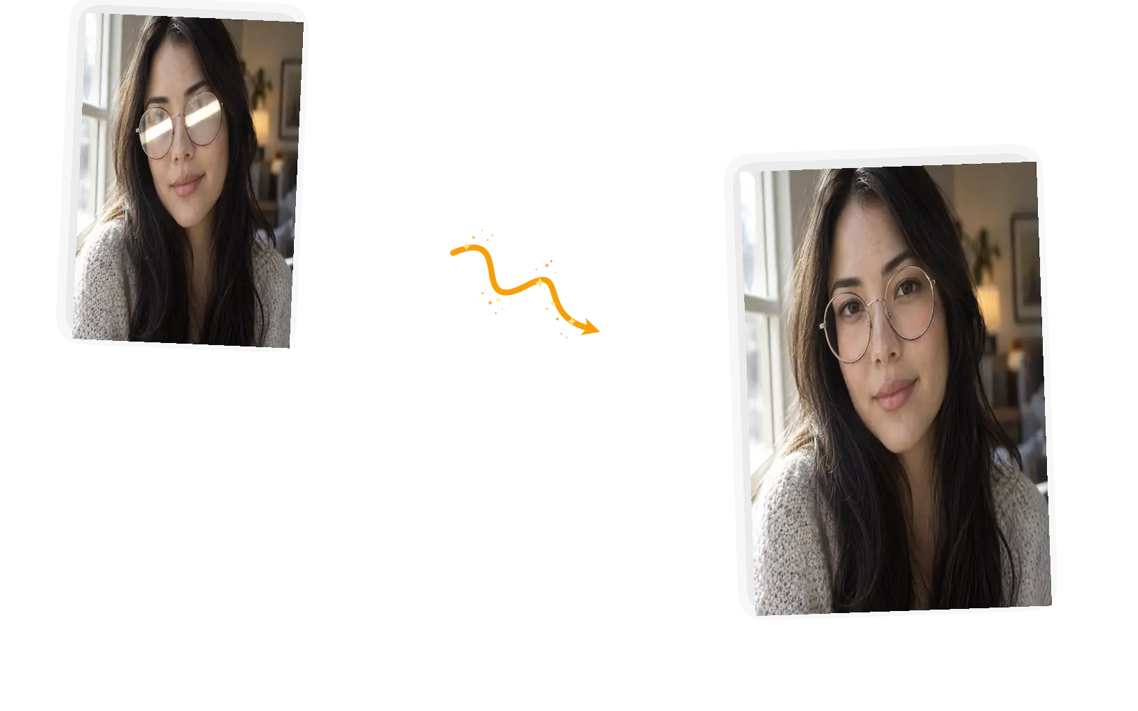 Before and after: the window glare stripe cleared from both lenses with the round wire frames, her eyes, and her hair all kept.