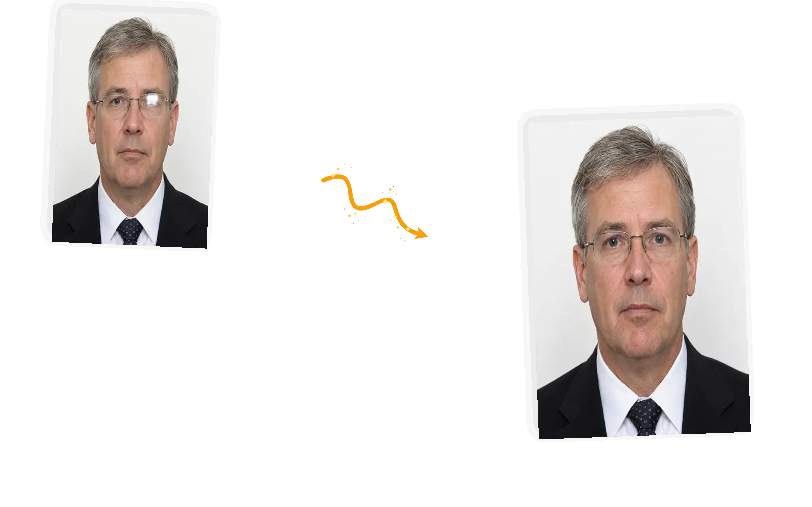 Before and after: the white glare lifted from the ID photo right lens, both eyes reading clearly against the plain studio background.