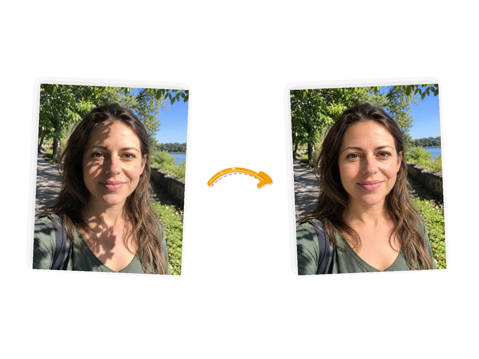 The shadow edit: the same park portrait with the tree shadow lifted off her face, her features, hair, and the background identical elsewhere.