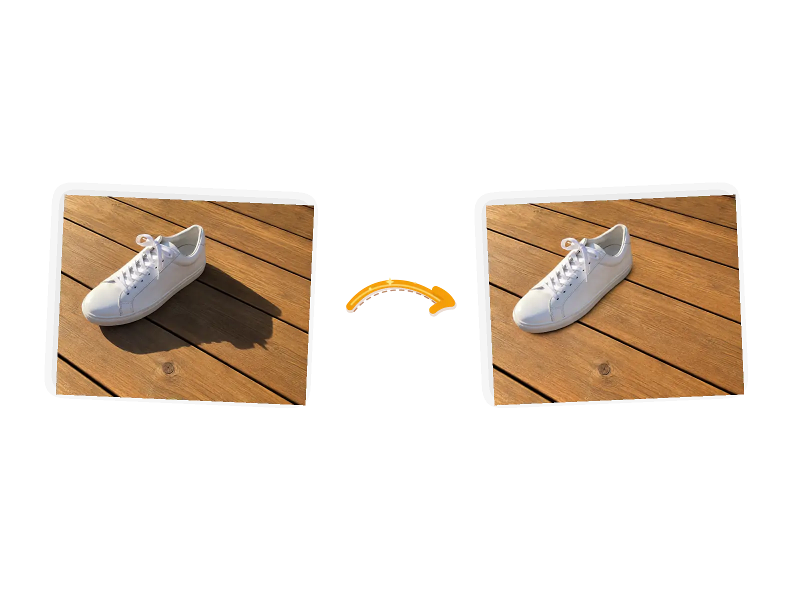 The shadow edit: the same sneaker on the deck with its long cast shadow gone and the wood grain running continuously through where the shadow used to be.