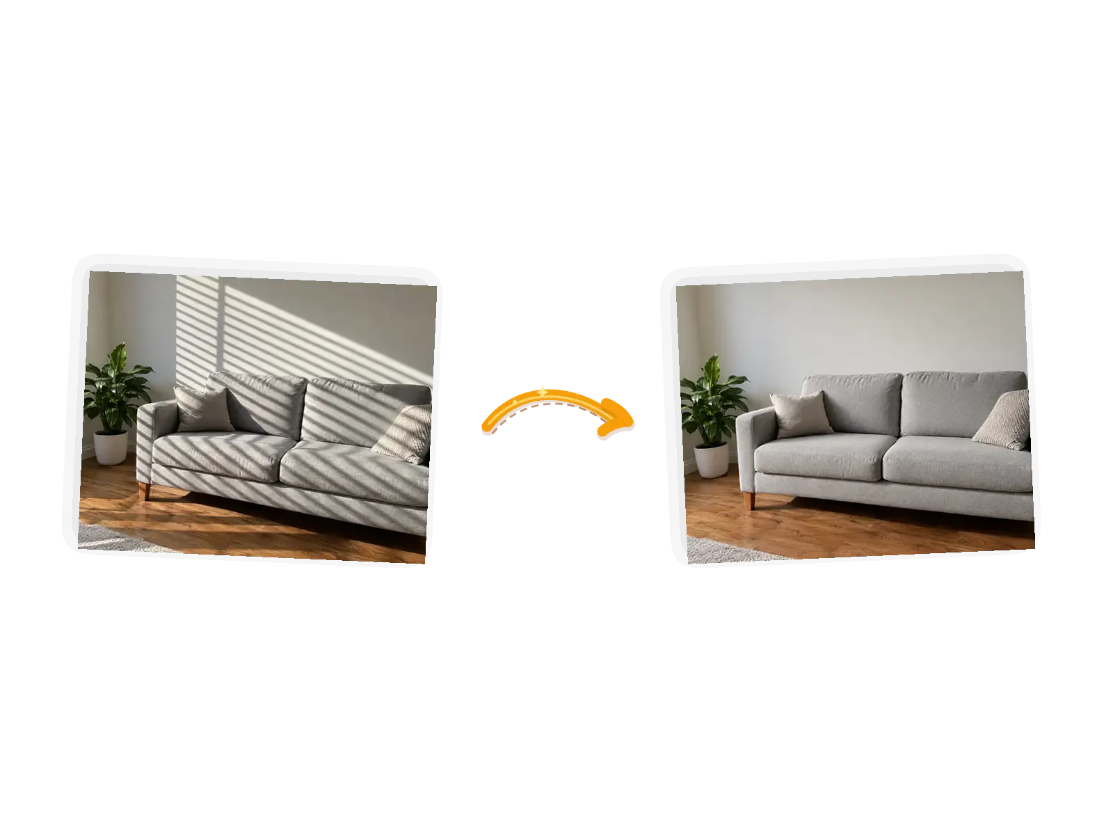 The shadow edit: the same living room with the blind stripes gone from the wall and sofa, the fabric and paint reading under one even light.