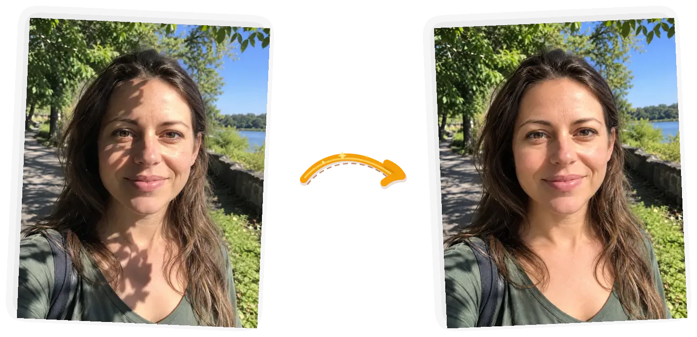 The shadow edit: the same park portrait with the tree shadow lifted off her face, her features, hair, and the background identical elsewhere.