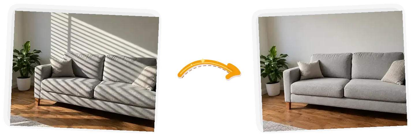 The shadow edit: the same living room with the blind stripes gone from the wall and sofa, the fabric and paint reading under one even light.