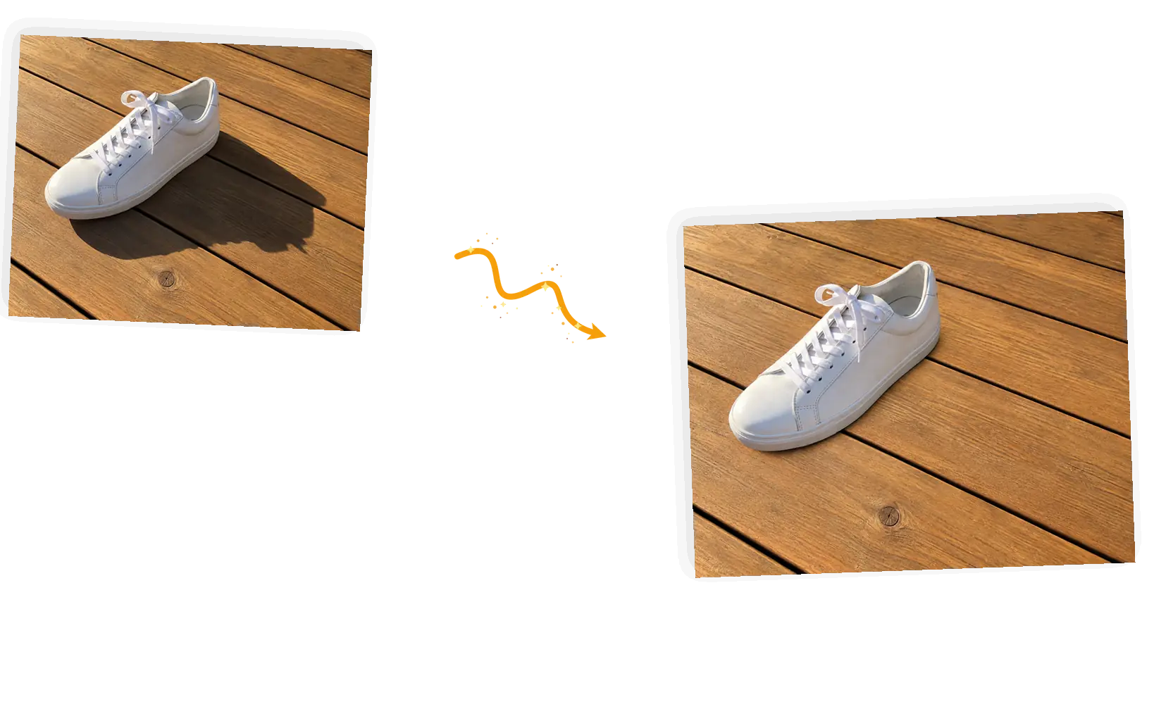 Before and after: the sneaker's long cast shadow removed from the deck while the sneaker and the lighting elsewhere stay identical.