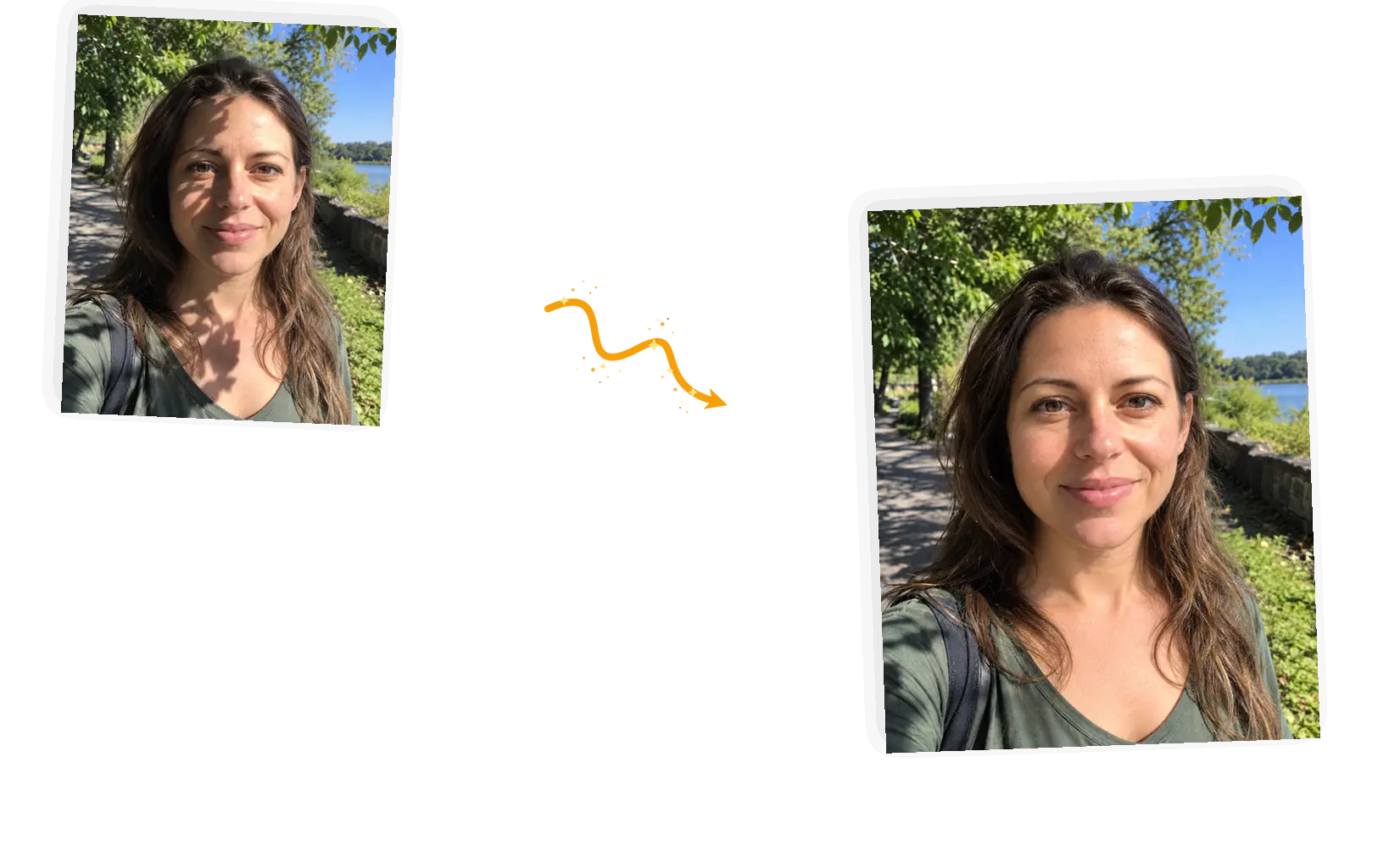 Before and after: the tree shadow lifted from her face while her features, hair, pose, and the park background stay identical.