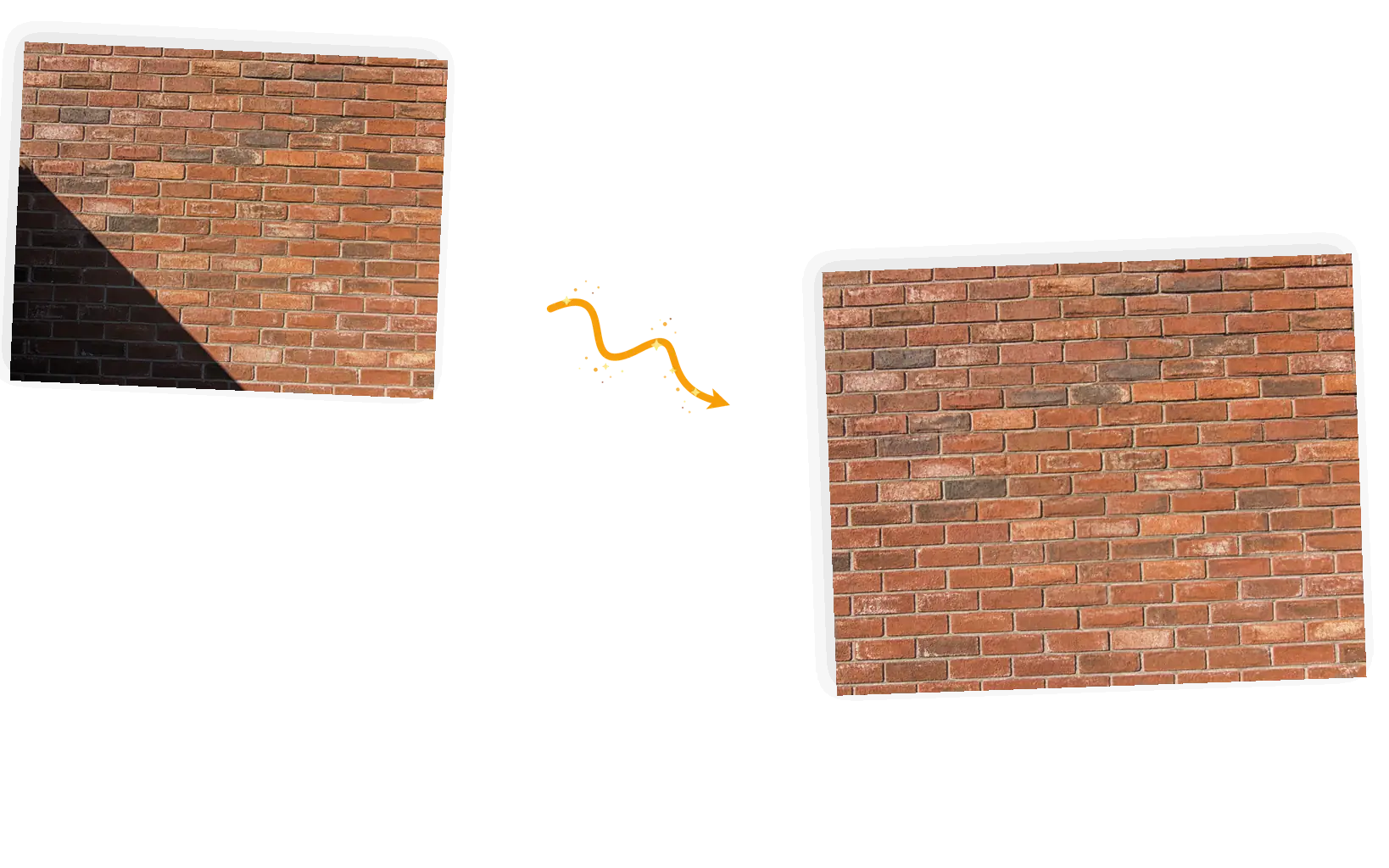 Before and after: the awning shadow cleared from a brick wall with the mortar lines and brick colors continuing through the rebuilt area.