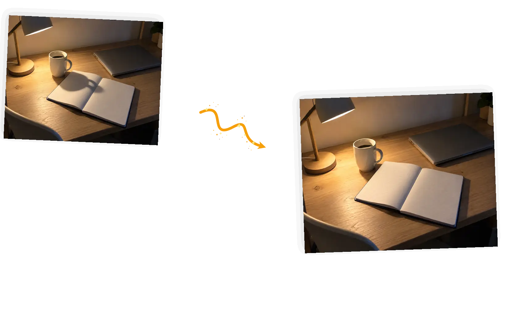 Before and after: the mug's shadow removed from an open notebook, the paper lines and desk grain continuous, the mug and laptop untouched.