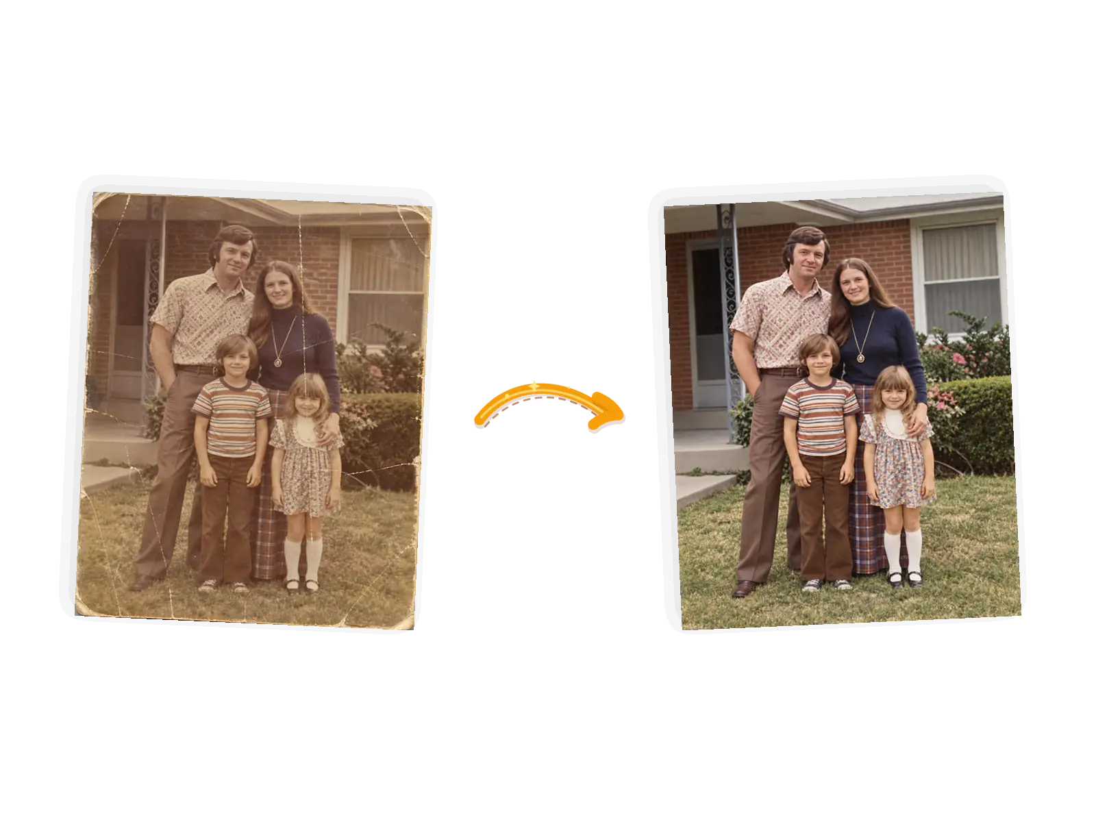 Editor example: a scratched, faded 1970s family photo restored to clean color, input on the left and repaired result on the right