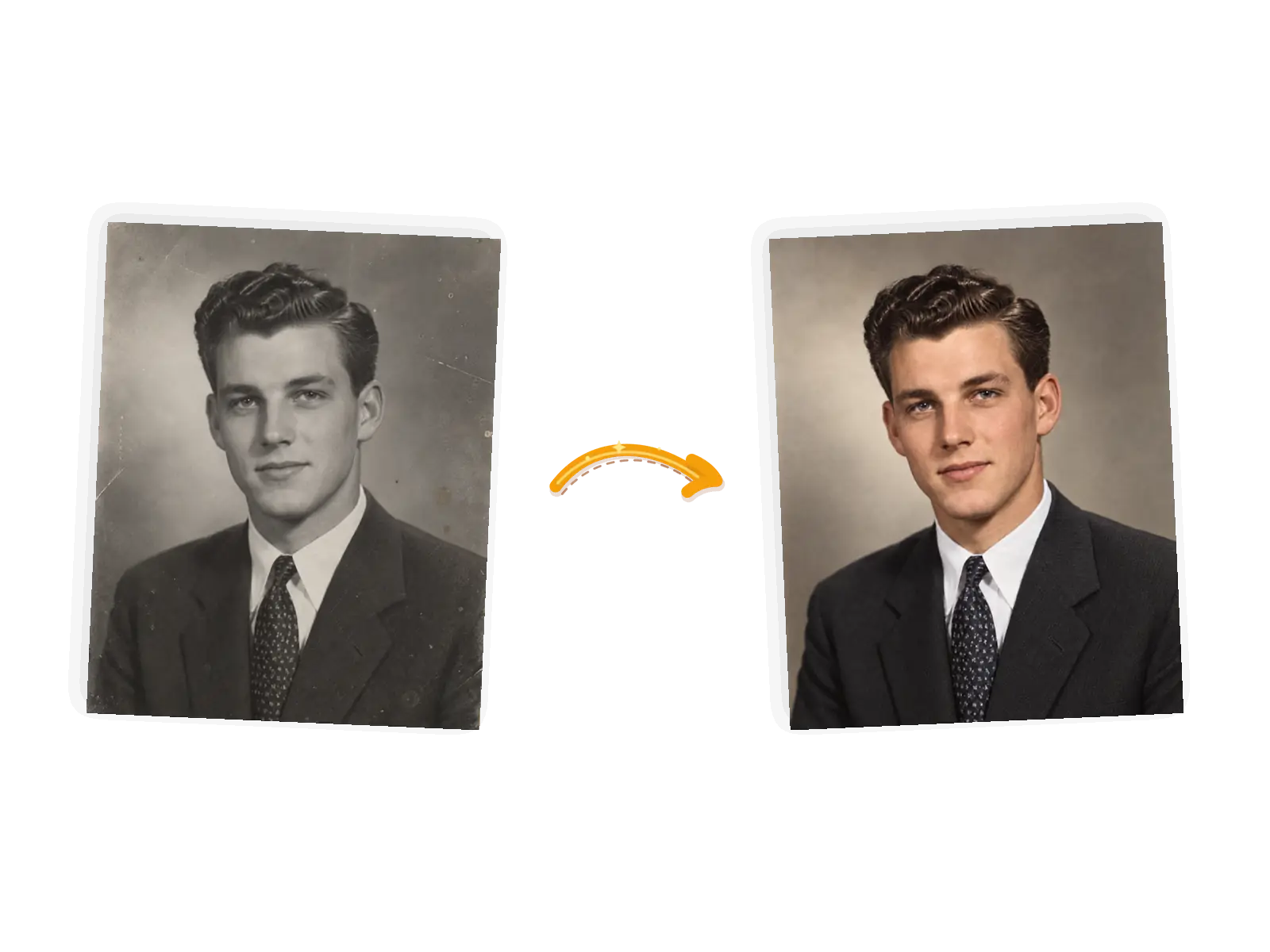 Editor example: a black-and-white portrait colorized with natural period tones, input on the left and result on the right