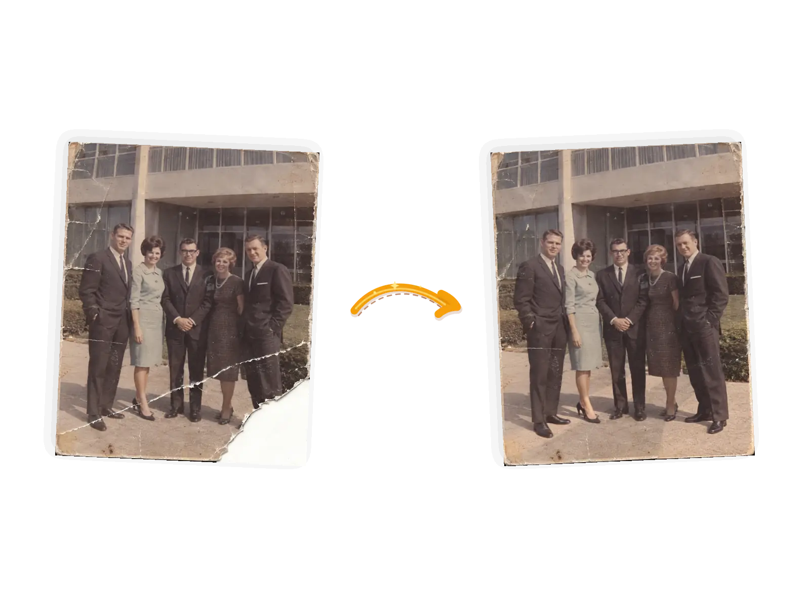 Editor example: a torn print with a missing corner rebuilt into a complete group photo, input on the left and result on the right