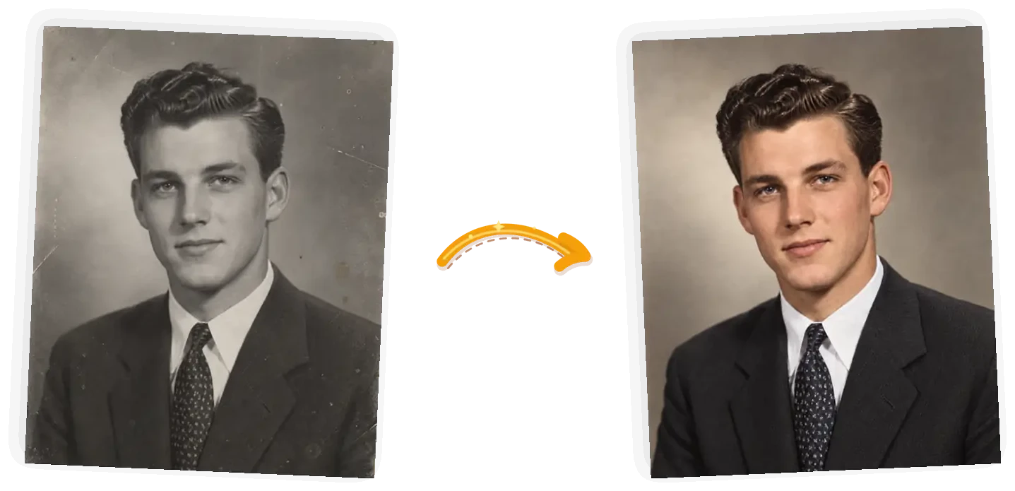 Editor example: a black-and-white portrait colorized with natural period tones, input on the left and result on the right