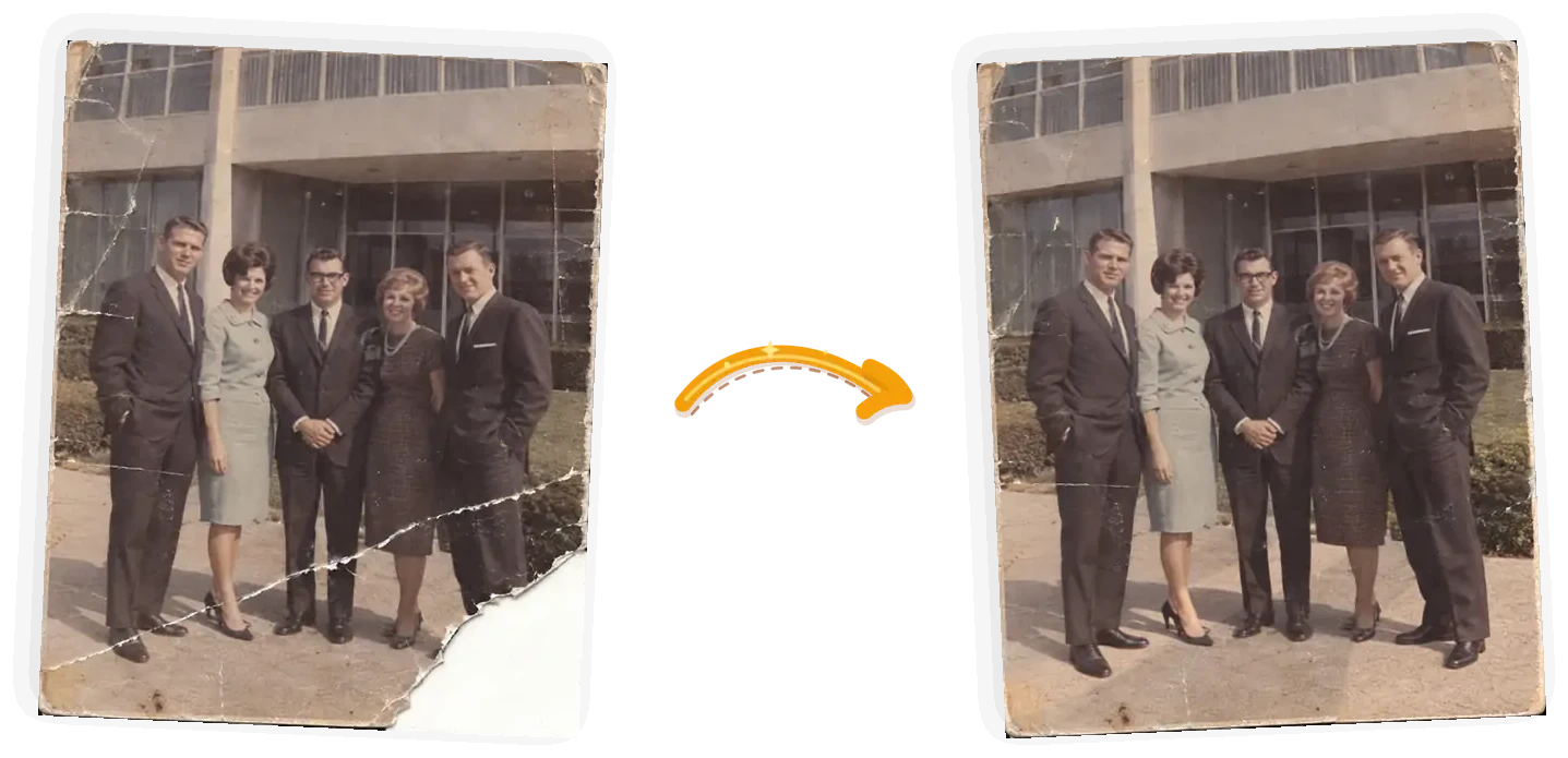Editor example: a torn print with a missing corner rebuilt into a complete group photo, input on the left and result on the right