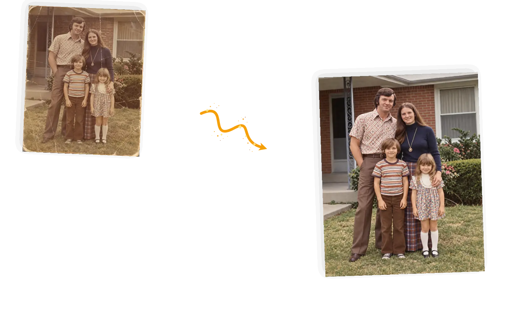 Before and after: an old photo where only the named scratch damage was repaired