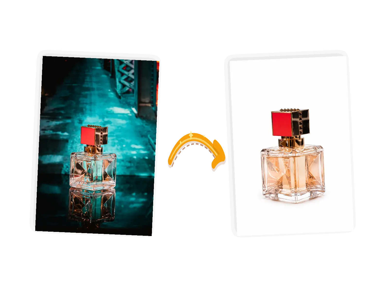 The perfume edit: the night-scene backdrop becomes pure white while the glass bottle stays