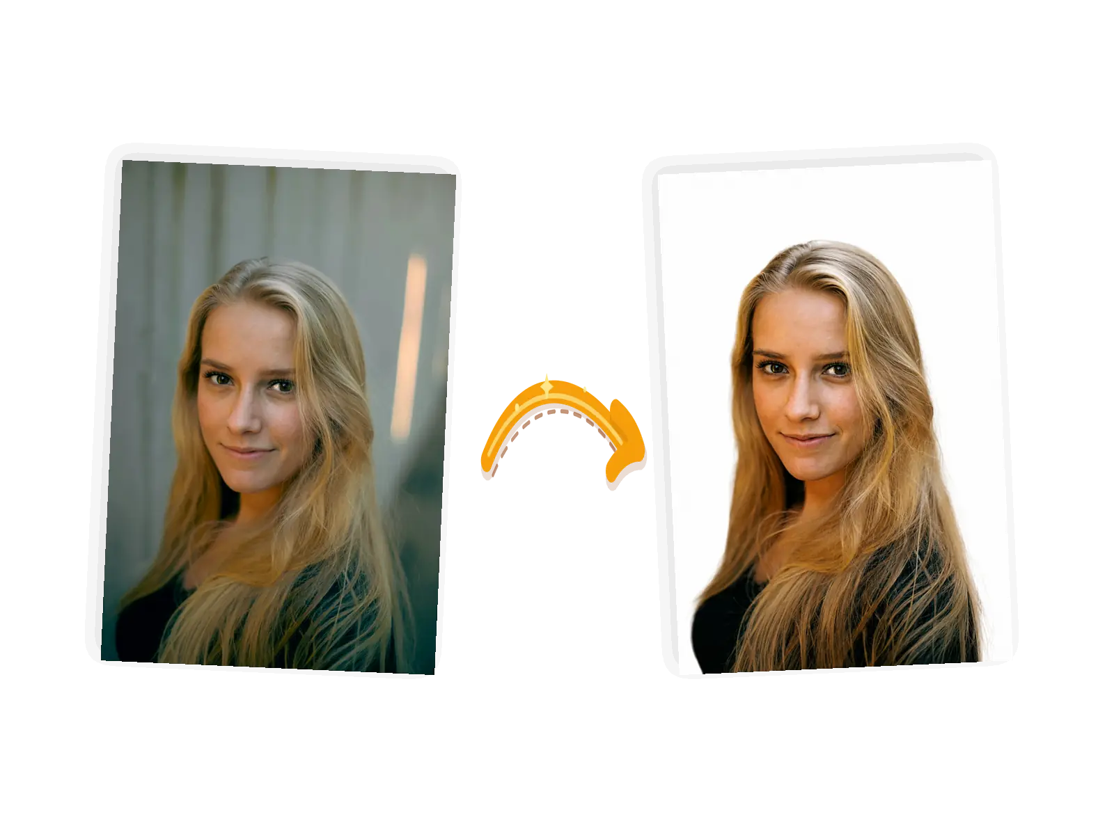 The portrait edit: the green backdrop becomes white while the face and hair stay