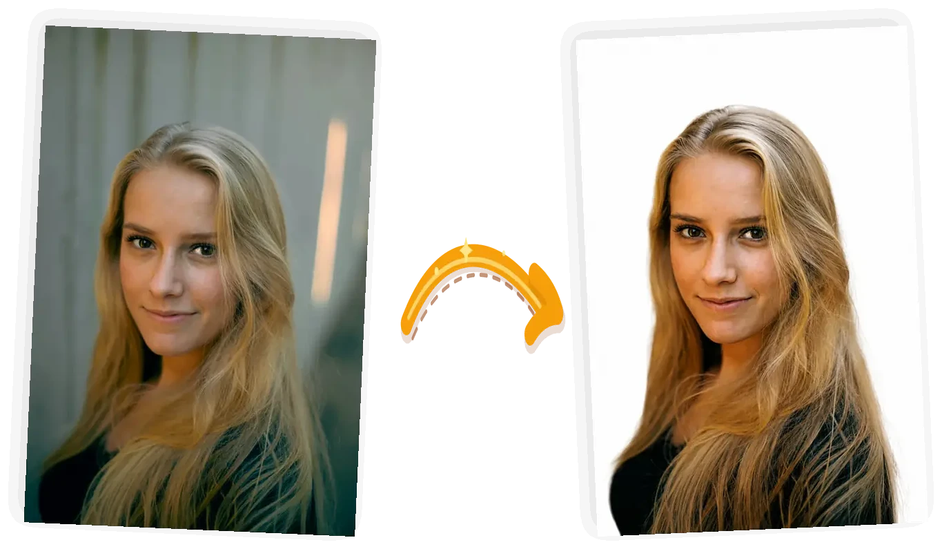 The portrait edit: the green backdrop becomes white while the face and hair stay