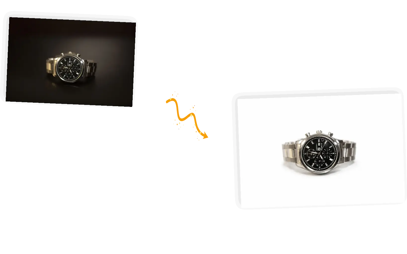 A watch photographed on a dark table sits on pure white with its shadow kept