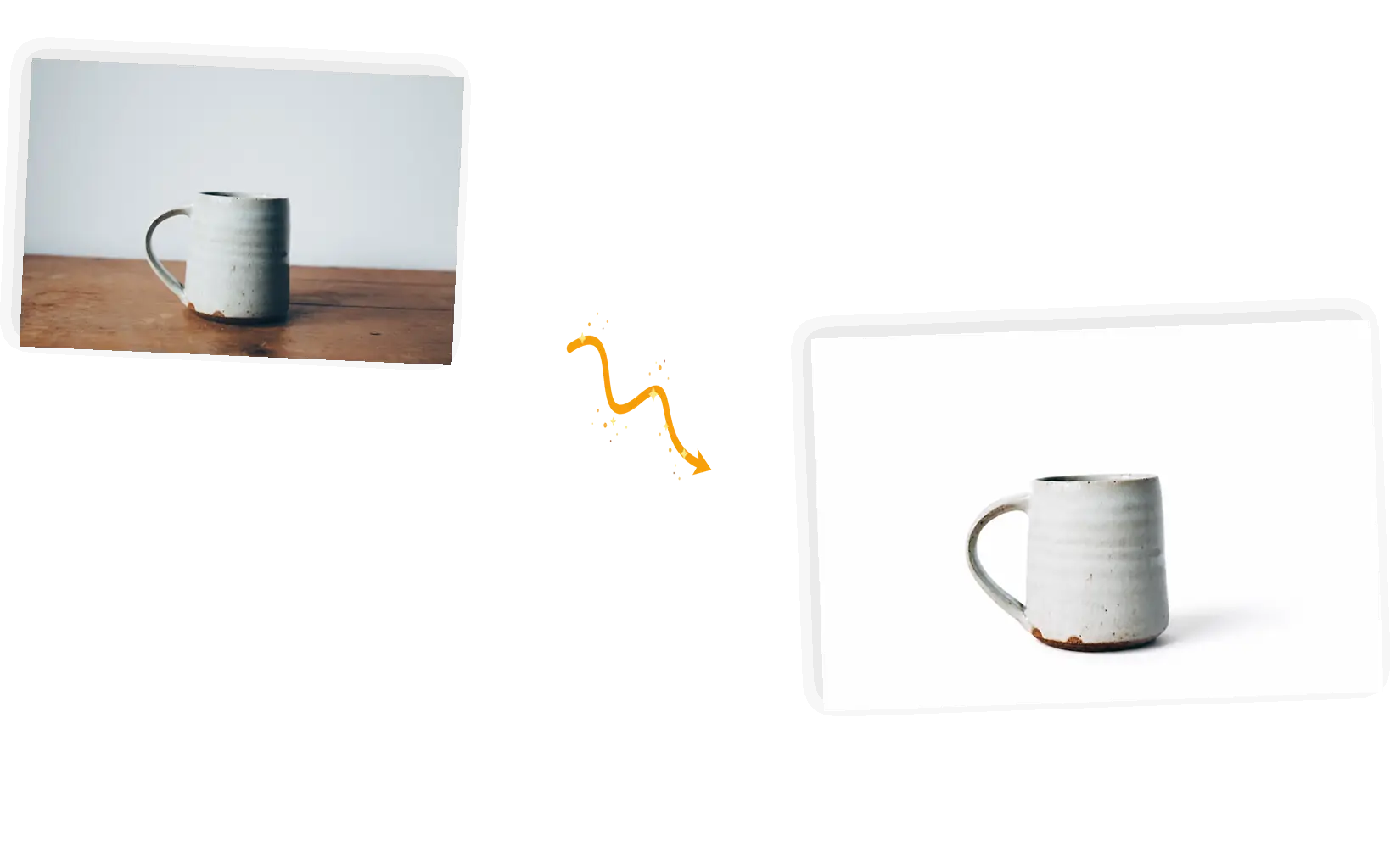 A cream ceramic mug moves from a wooden table to a plain white backdrop
