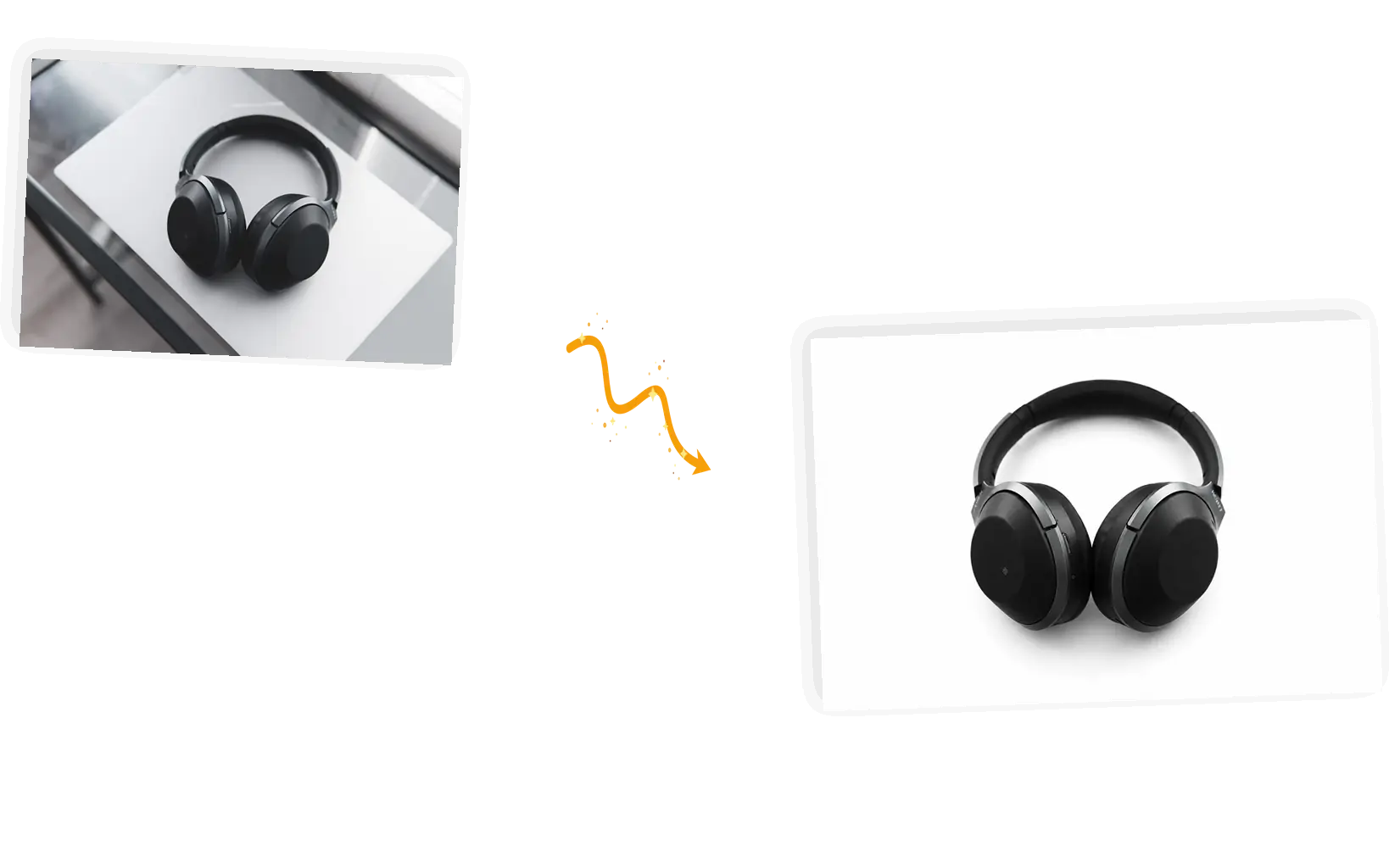 Black headphones leave the desk clutter behind for a clean white backdrop