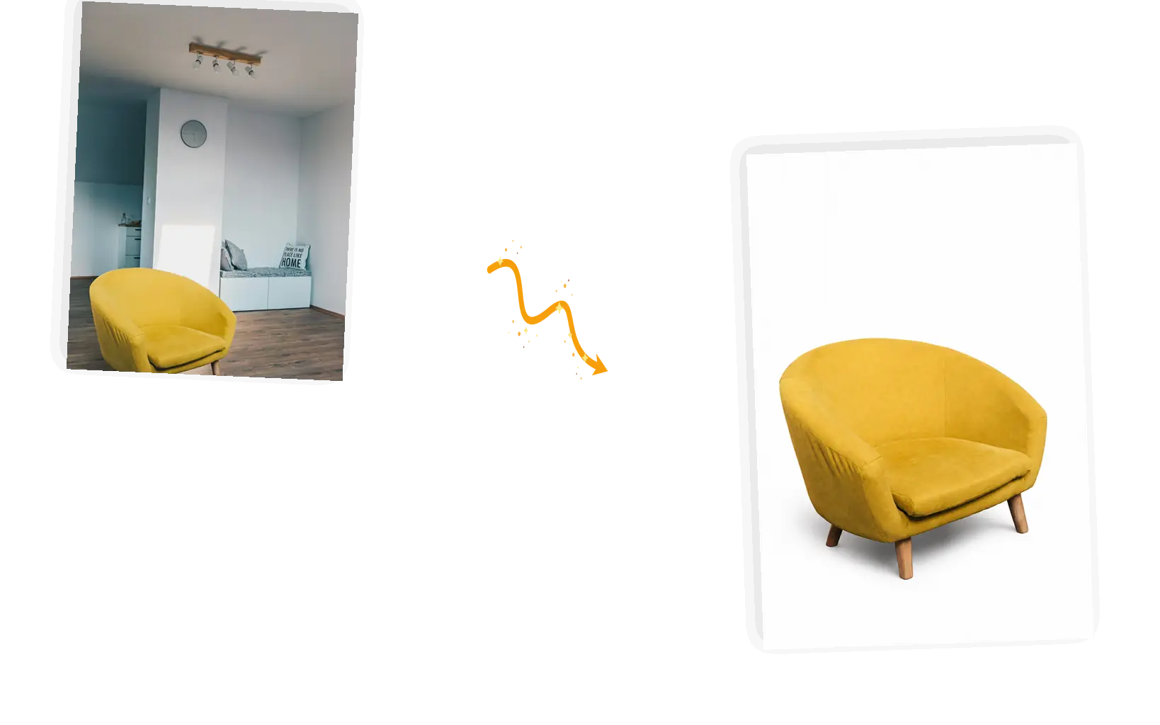 A yellow armchair is lifted out of a living room onto a pure white backdrop